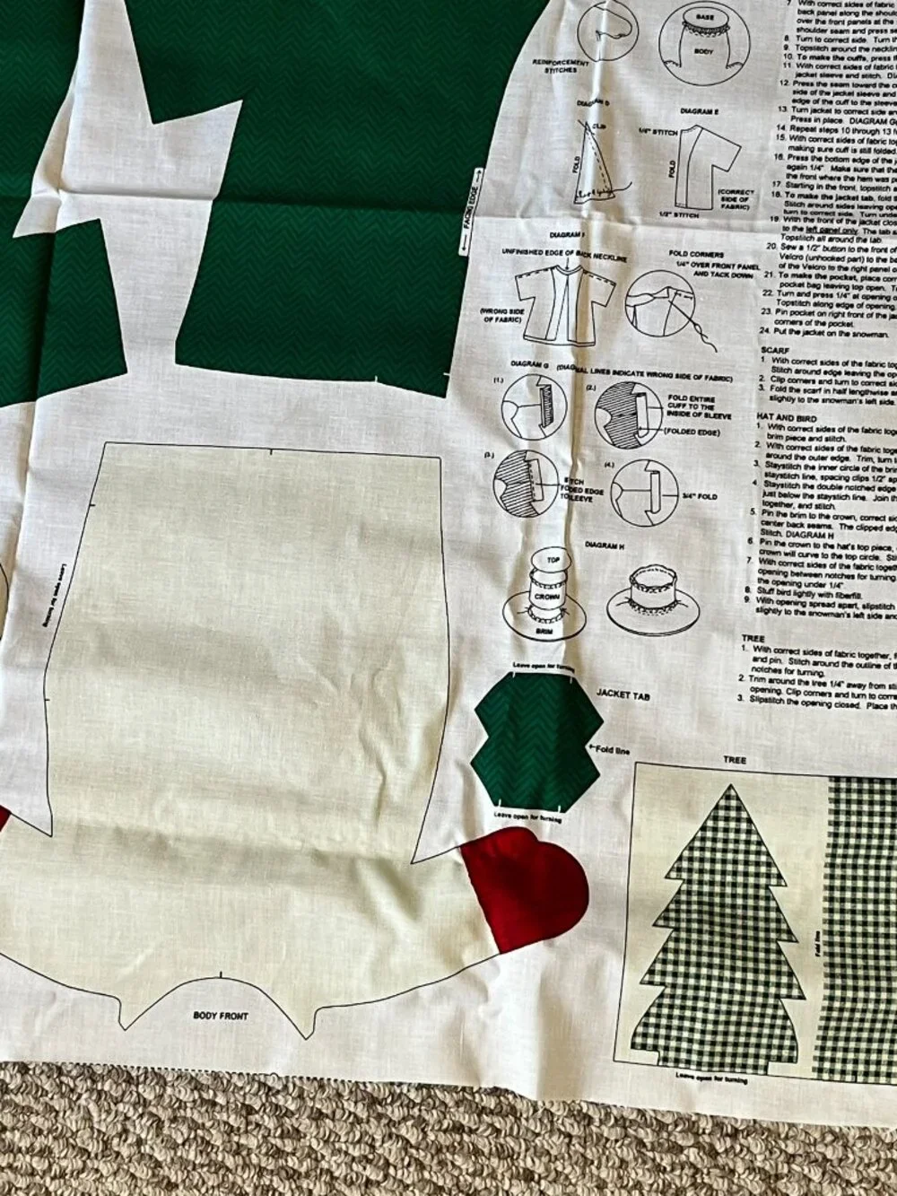 Jack Snow Stuffed Snowman , Cut and Sew Cotton Vintage 1990s Fabric Panel